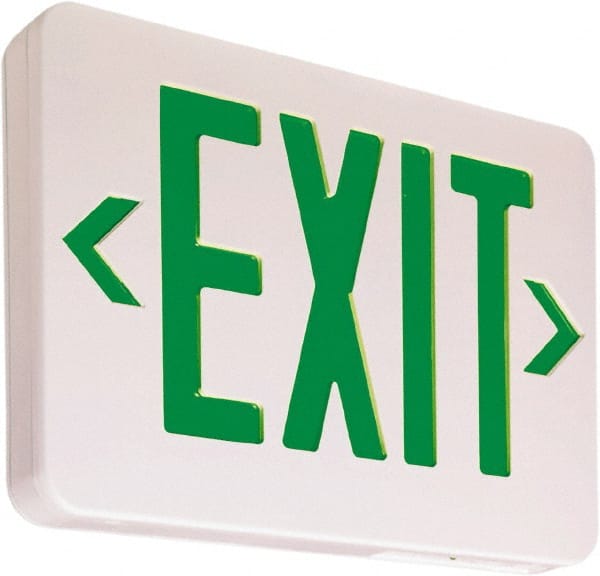 Illuminated Exit Signs; Number of Faces: 1; Light Technology: LED; Letter Color: Green; Mount Type: Universal Mount; Housing Material: Polycarbonate; Housing Color: White; Battery Type: Nickel Cadmium; Wattage: 22 W; Overall Length: 12 in; Overall Length