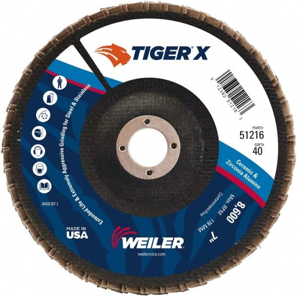 Weiler 51216 Flap Disc: 7/8" Hole, 40 & 426 Grit, Zirconia Alumina, Type 29 
