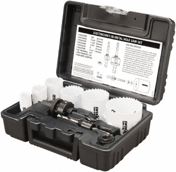 Electrician's Hole Saw Kit: 9 Pc, 7/8 to 2-1/2" Dia