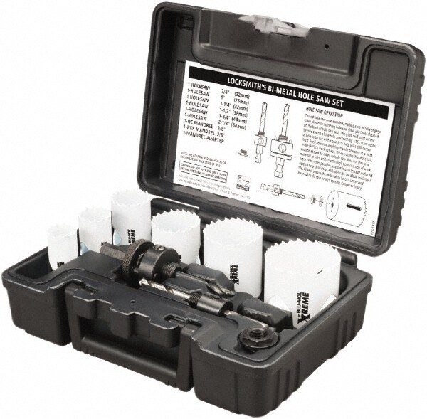 Lockset Hole Saw Kit: 9 Pc, 7/8 to 1-3/4" Dia