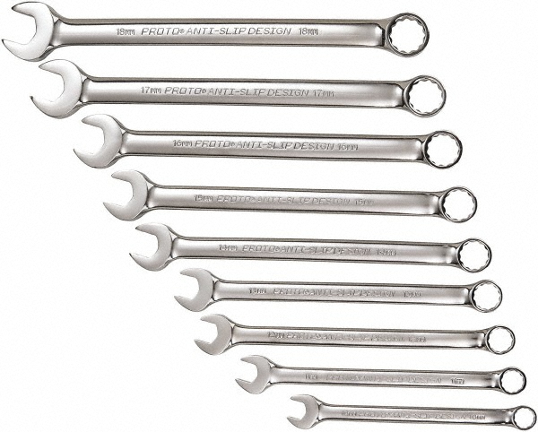 Combination Wrench Set: 9 Pc, 10 to 18 mm Wrench, Metric - 15 deg Head Offset Angle, Chrome Finish