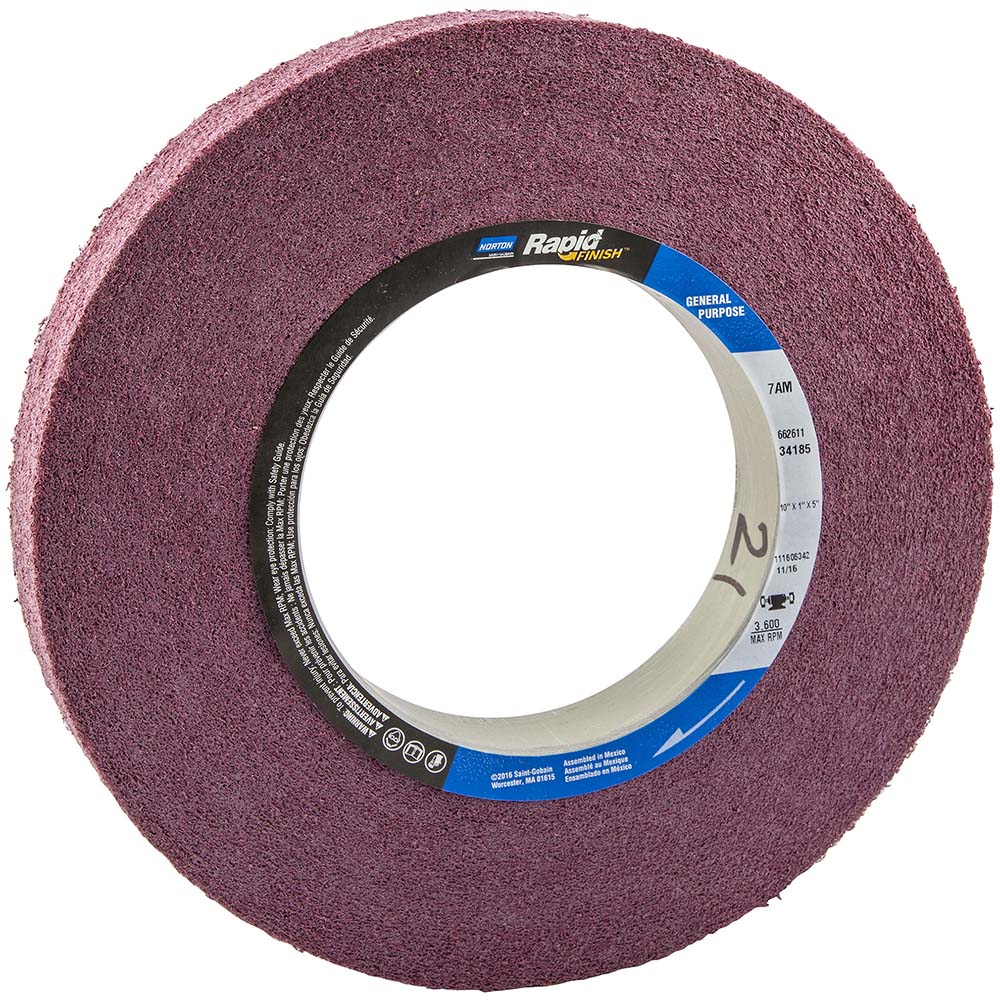 Norton Deburring Wheel 10" Dia, 1" Face Width, 5" Hole, Density 7