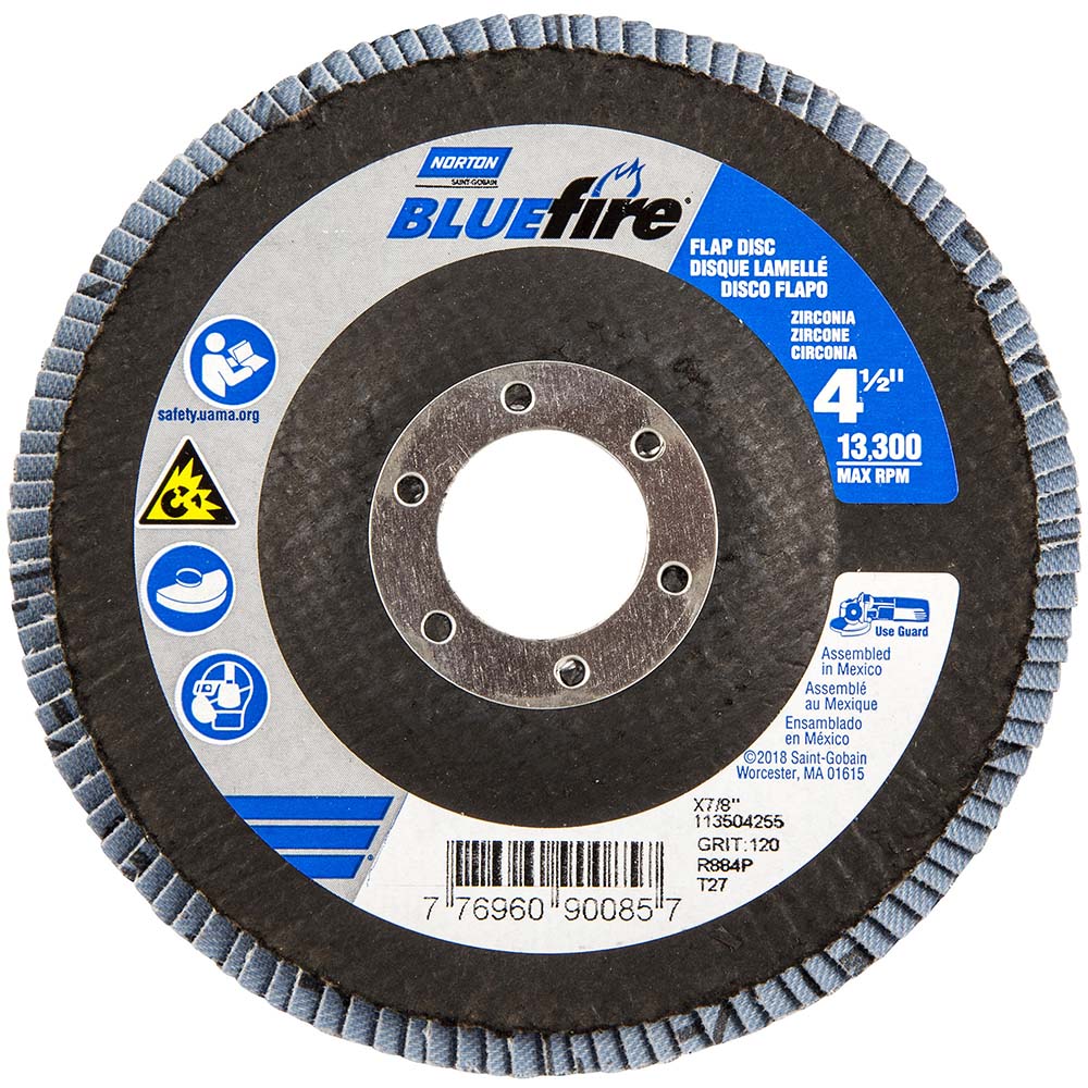 Flap Disc:  4-1/2" Dia, 7/8" Hole, Zirconia Alumina, Type 27 - Coated, Fine Grade, Cotton-Backed, 13300 Max RPM