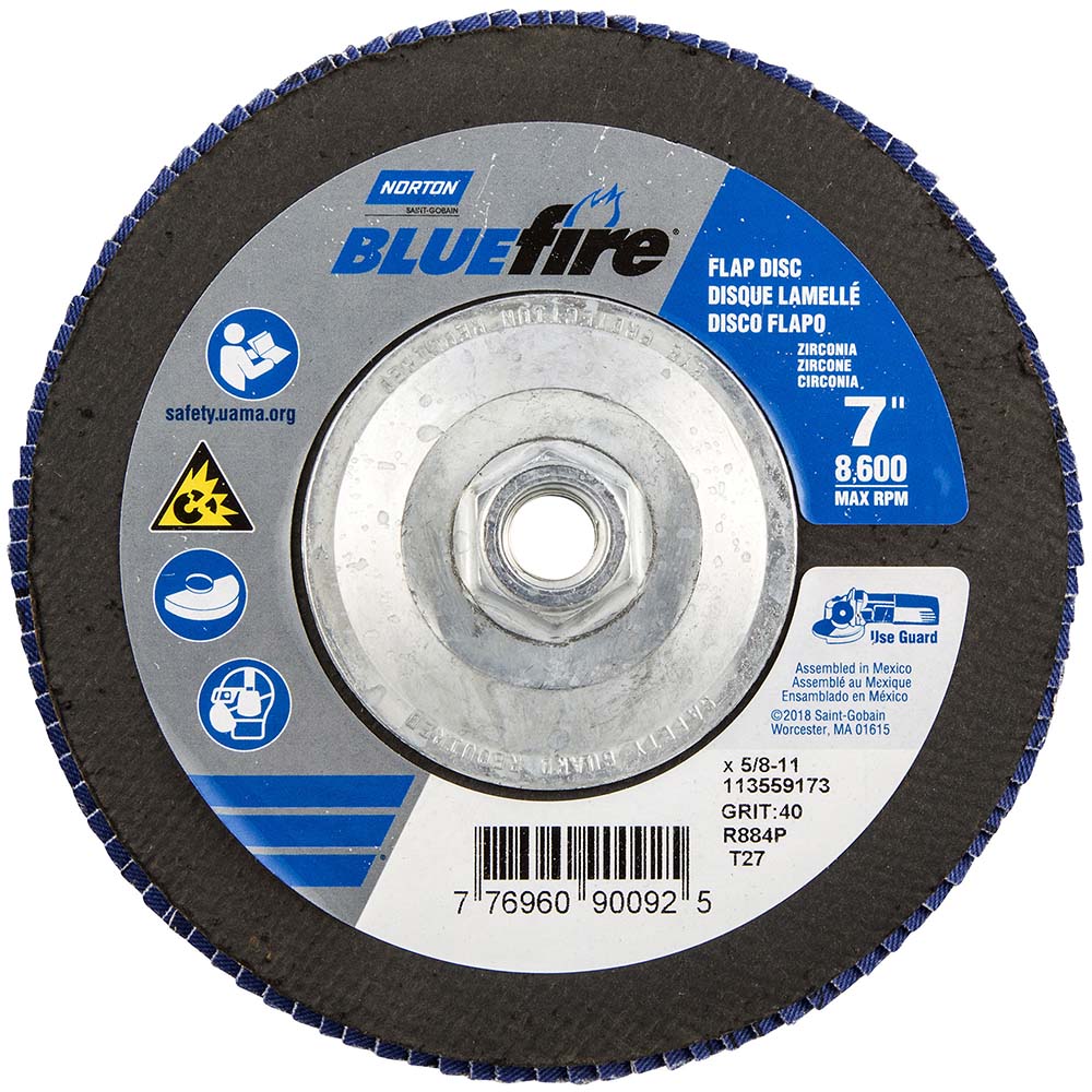 Flap Disc:  7" Dia, Zirconia Alumina, Type 27 - Coated, Coarse Grade, Cotton-Backed, 8600 Max RPM