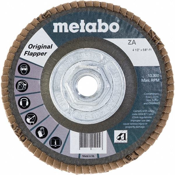 Metabo Flap Disc: 4-1/2" Dia, 40 Grit, Zirconia Alumina, Type 27 - Coated, Coarse Grade, Fiberglass-Backed, 13300 Max RPM | 5-Pack