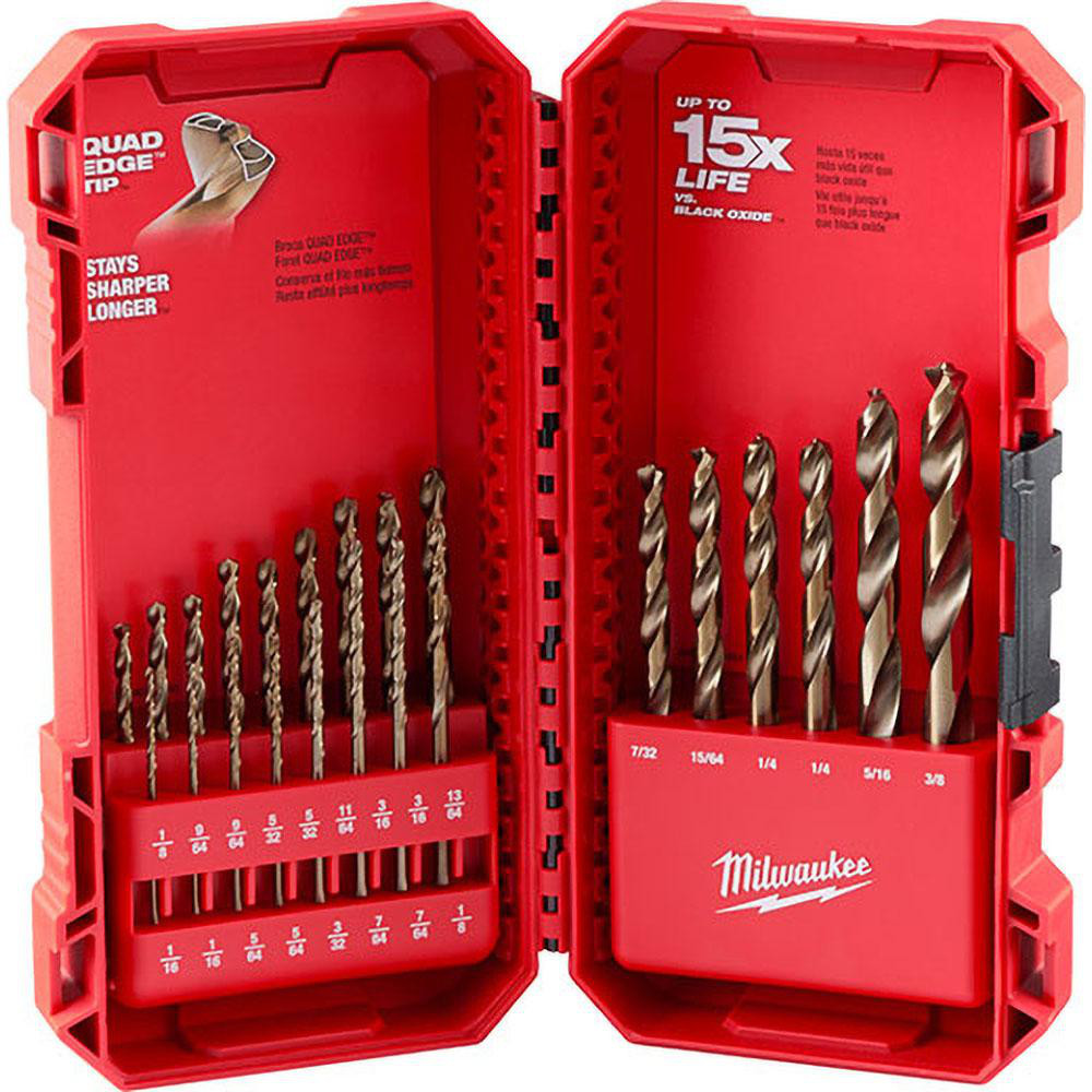 Drill Bit Set: Twist Drill Bits, 23 Pc, 135 &deg;, Cobalt - Cobalt, Split-Point, 3-Flat Shank