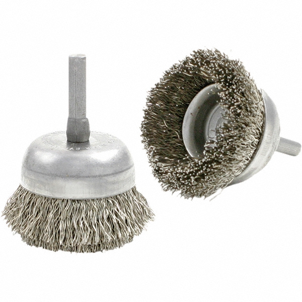 Cup Brush: 1-3/4" Dia, 0.0118" Wire Dia, Carbon Steel, Knotted - 1/4 Arbor Hole, 1/2" Trim Length, 10,000 Max RPM