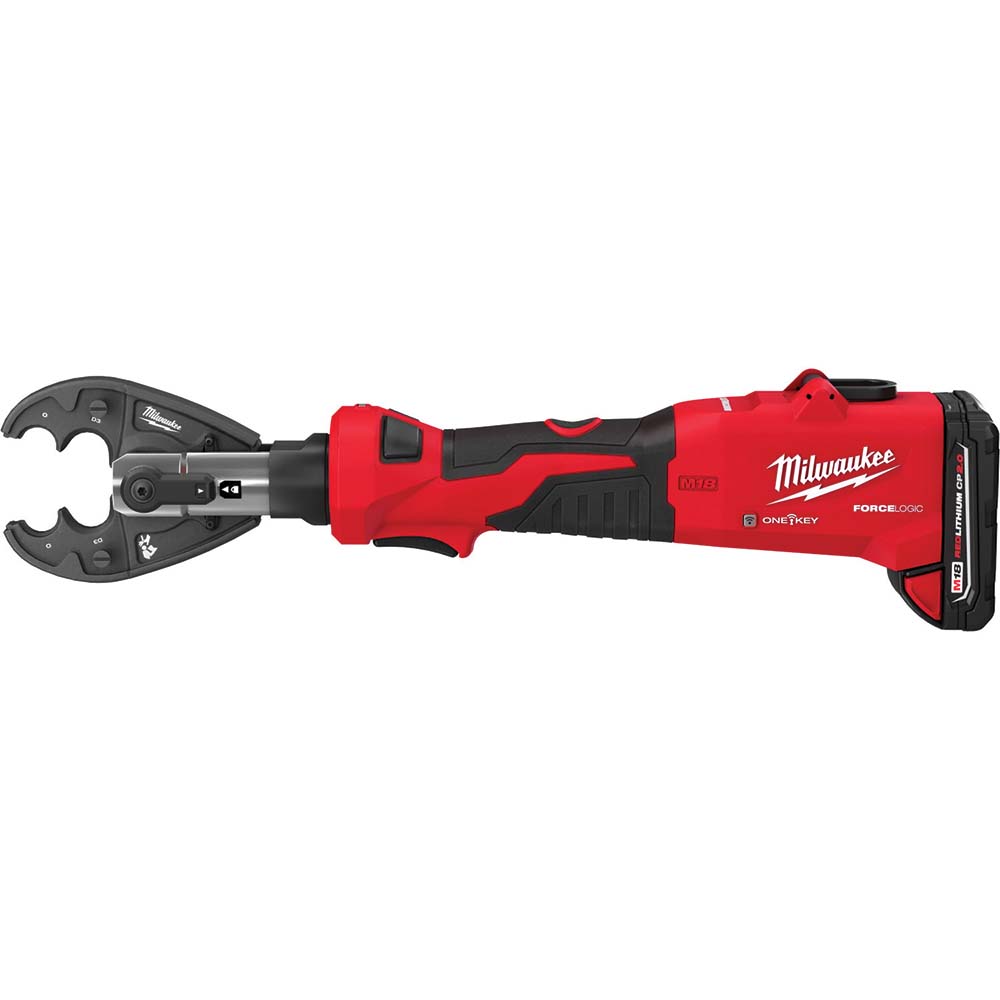 Power Crimper: 12,000 lb Capacity, Lithium-ion Battery Included, Inline Handle, 18V - Includes M18 FORCE LOGIC 6T Linear Utility Crimper (2978-20), M18 6T Fixed O Crimping Jaw (49-16-1OD3), (2) M18 REDLITHIUM CP2.0 Battery (48-11-1820), M18 & M12 Multi-Voltage Charger (48-59-1812) & 6T Utility Crimper & Cutter Bag (48-22-8277)