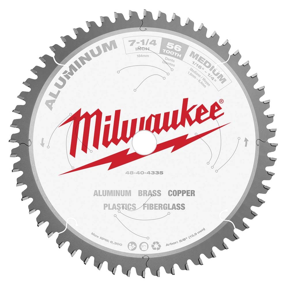 Milwaukee Tool 48-40-4335 Wet & Dry Cut Saw Blade: 7-1/4" Dia, 5/8" Arbor Hole, 0.079" Kerf Width, 56 Teeth Image