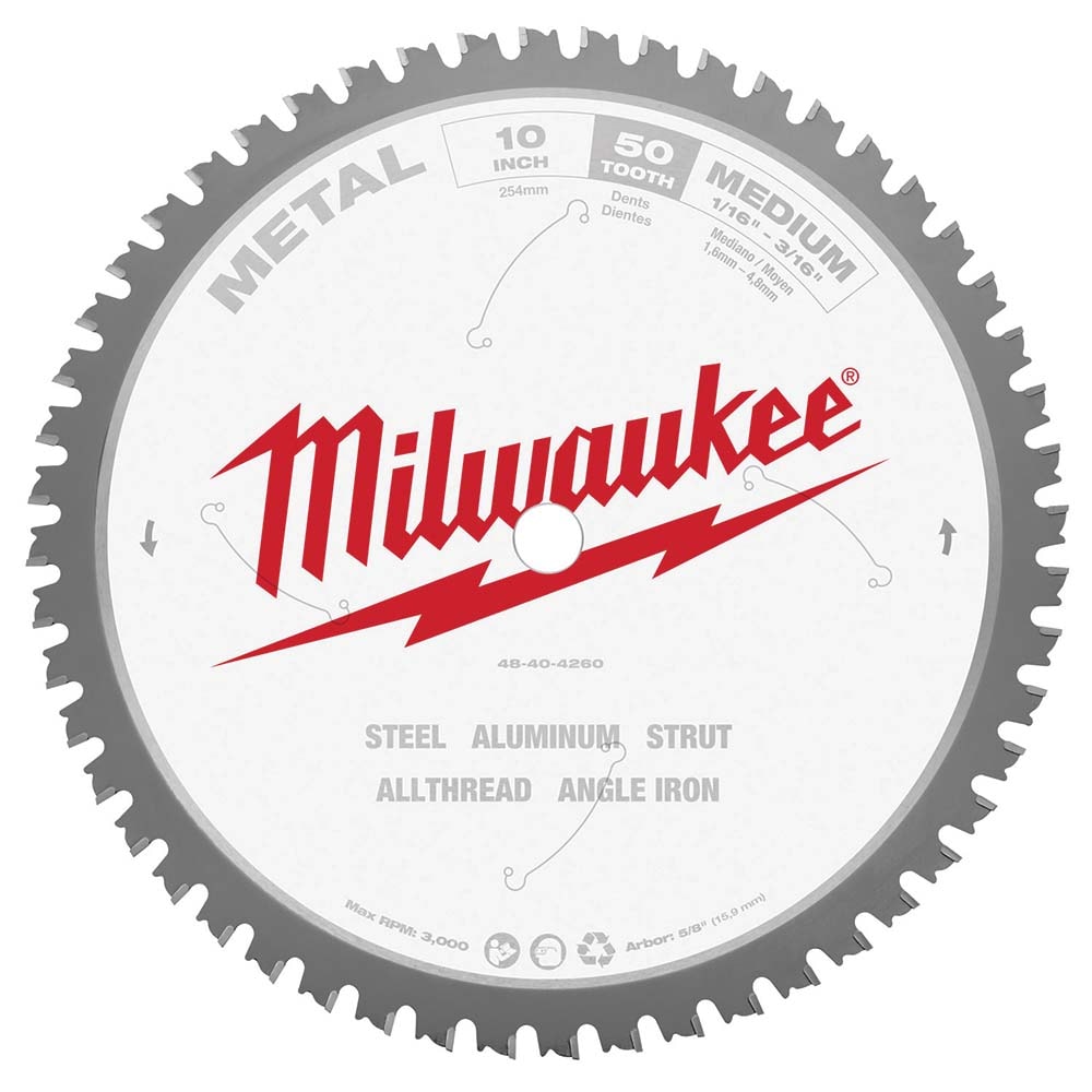 Milwaukee Tool 48-40-4260 Wet & Dry Cut Saw Blade: 10" Dia, 1" Arbor Hole, 0.079" Kerf Width, 50 Teeth Image