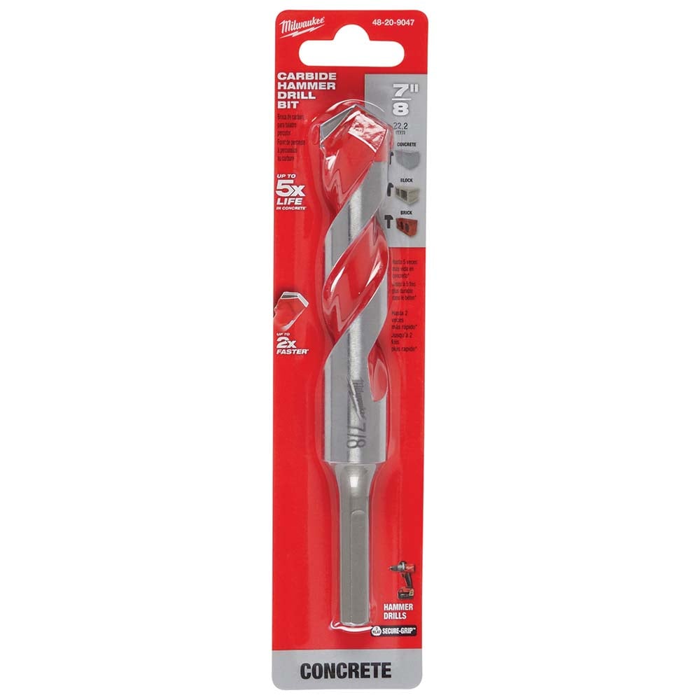 Milwaukee Tool 48-20-9047 Rotary Drill/Hammer Drill Bits; Drill Bit Size (Inch): 7/8 ; Shank Type: Three Flat ; Drill Bit Material: Carbide Tipped; High Speed Steel ; Shank Diameter (Inch): 7/8 ; Flute Length (Inch): 4 ; Flute Length (Decimal Inch): 4.0000 