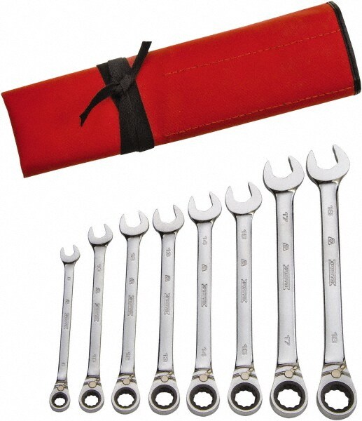 Ratcheting Reversible Combination Wrench Set: 8 Pc, Metric