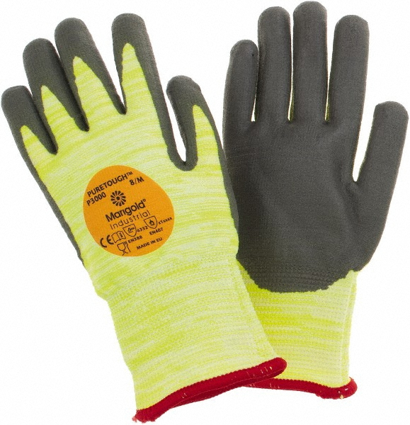 Cut, Puncture & Abrasion-Resistant Gloves: HyFlex® 11-423, Cut A2, Puncture 4, Abrasion 4, 13 ga, Size Medium - Polyamide & Fiberglass, Waterbased Polyurethane-Coated, Palm Coating, Gray on High-Visibility Yellow Pair