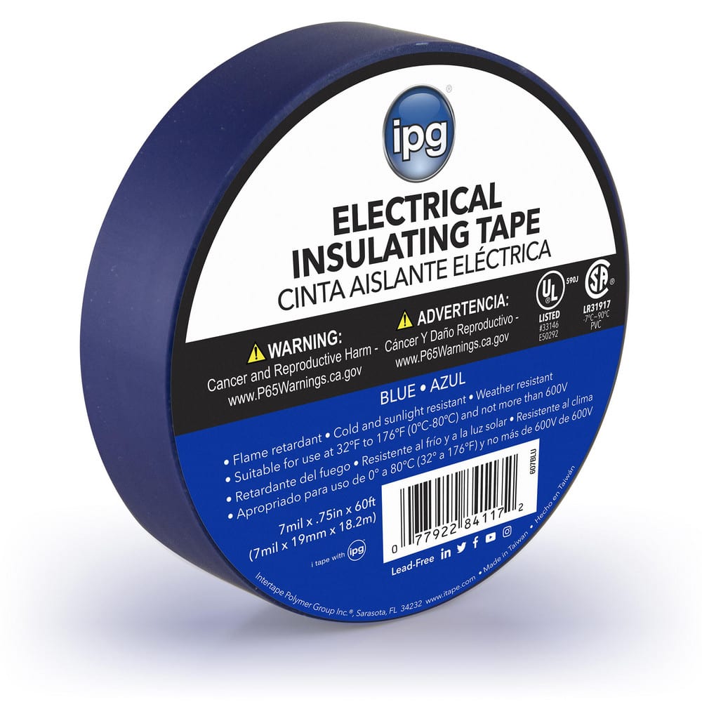 Electrical Tape; Tape Material: Vinyl Film ; Length Range: 20 in & Larger ; Thickness (mil): 7 ; Color: Blue ; Series: CONSMR ELEC ; Series Part Number: 85831