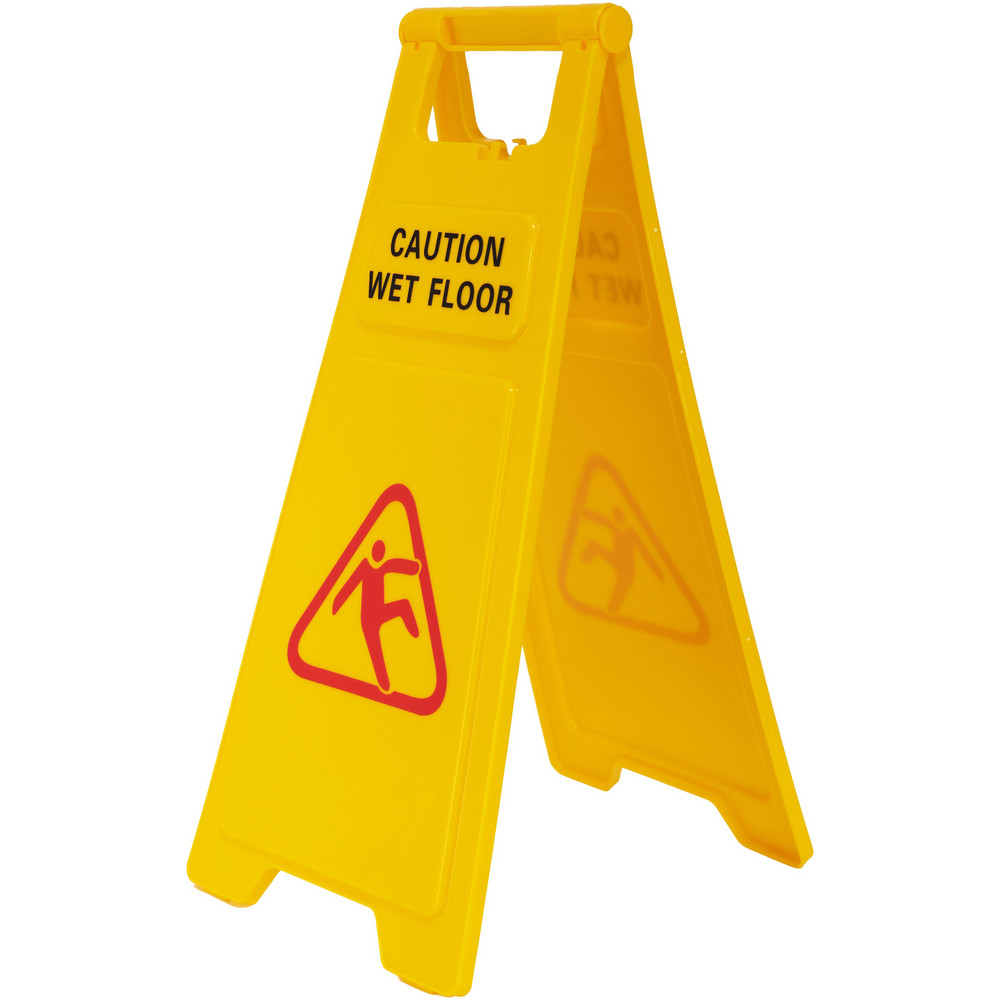 Caution - Wet Floor, 12" Wide x 24" High, Plastic Floor Sign - A-Frame, Red & Black on Yellow, For Accident Prevention