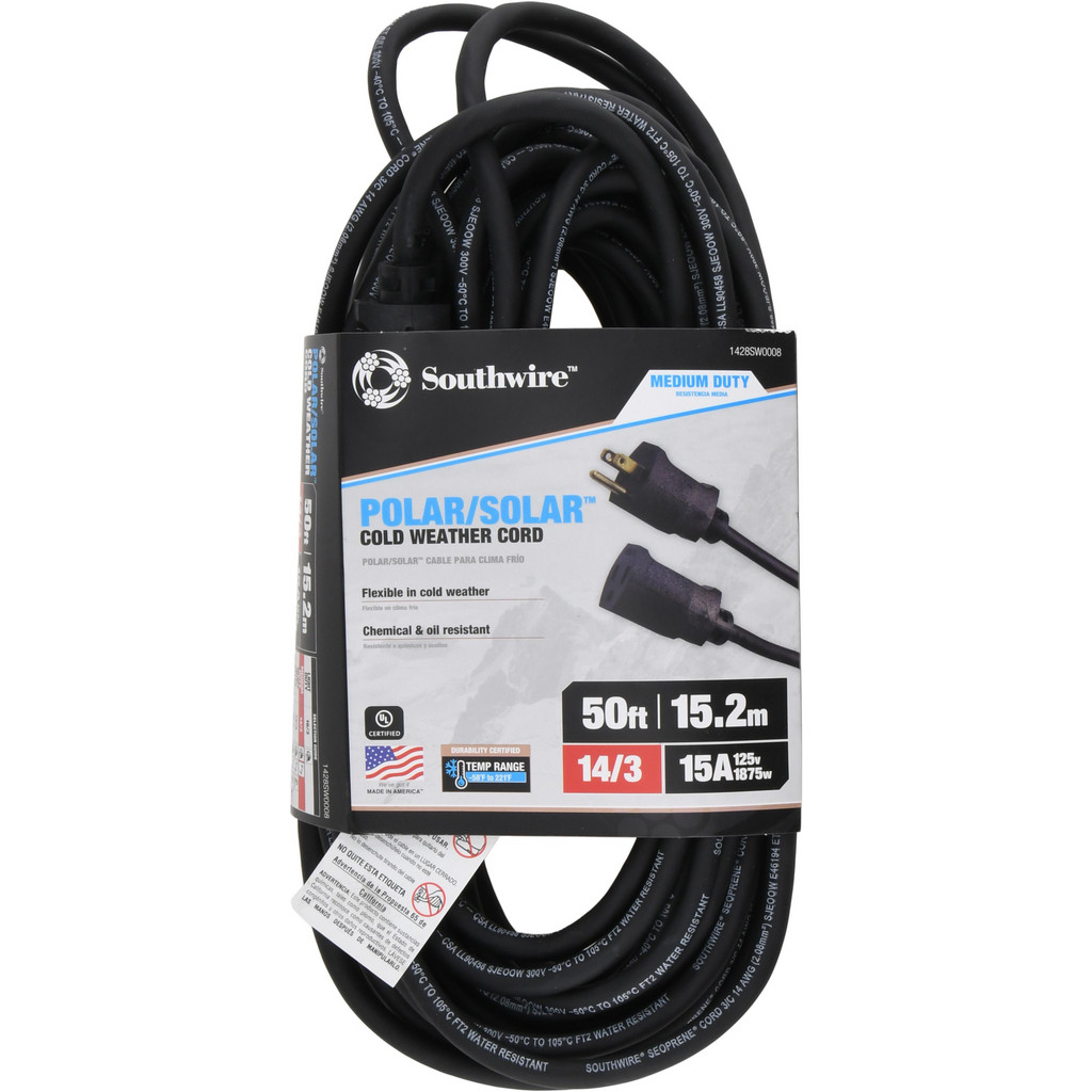 Southwire Extension Cord: 14/3 50' Long, Black, Outdoor - 1 Receptacle, 15 A, UL SJEOW, NEMA 5-15P & 5-15R | Part #1428SW0008