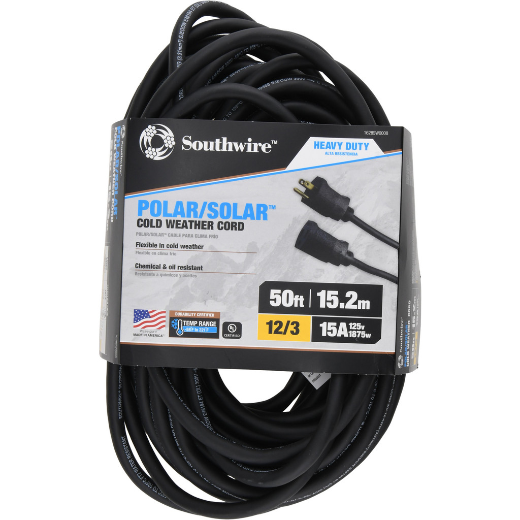 Southwire Extension Cord: 12/3 50' Long, Black, Outdoor - 1 Receptacle, 15 A, UL SJEOW, NEMA 5-15P & 5-15R | Part #1628SW0008