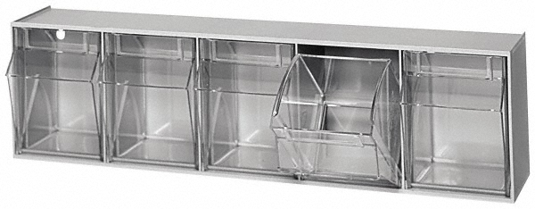 5 Compartment White Small Parts Tip Out Stacking Bin Organizer - 23-5/8" Wide x 6-1/2" High x 5-1/4" Deep, Polystyrene Frame, 4-1/4" Bin Width x 5-3/4" Bin Height x 3-3/4" Bin Depth