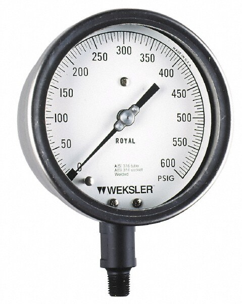 Pressure Gauge: 6" Dial, 0 to 15 psi, 1/4" Thread, NPT, Lower Mount