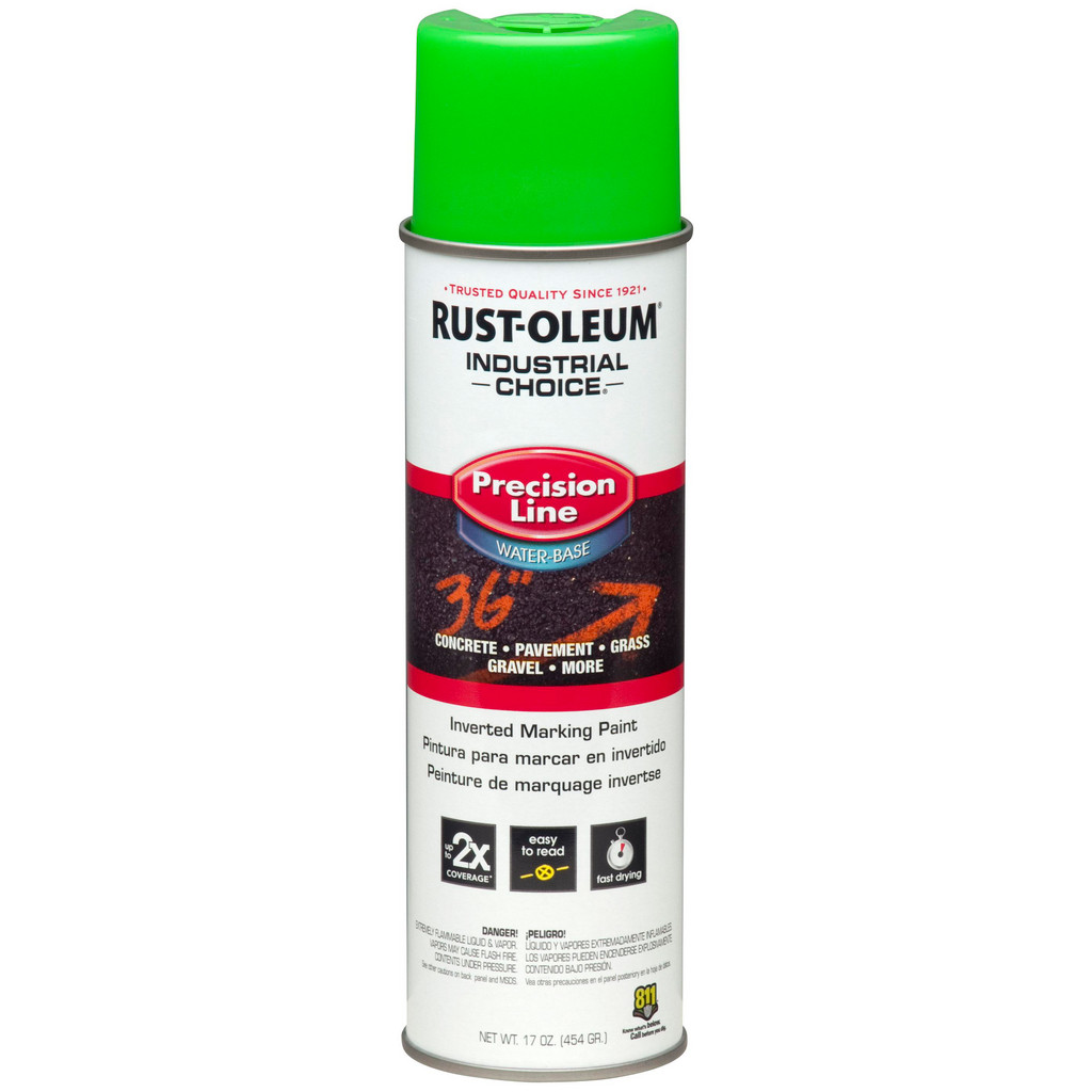Rust-Oleum Industrial Choice M1800 Inverted Marking Spray Paint, Fluorescent Green, 17 oz - 600' to 700' Coverage at 1" Wide, Water-Based Formula