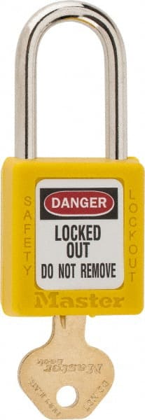Master Lock 410YLW   (STCK) Lockout Padlock: Keyed Different, Key Retaining, Thermoplastic, Steel Shackle, Yellow 