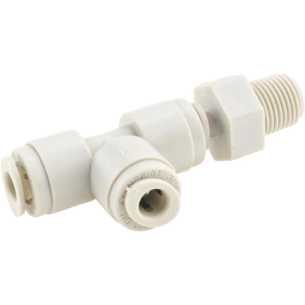 Push-To-Connect Tube Fitting: Male Swivel Run Tee, 1/8" Thread, 3/16" OD