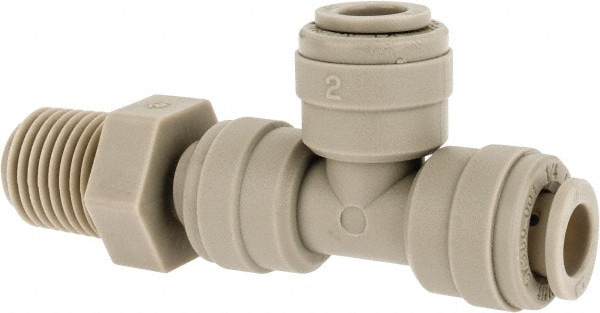 Push-To-Connect Tube Fitting: Male Swivel Run Tee, 1/4" Thread, 1/4" OD