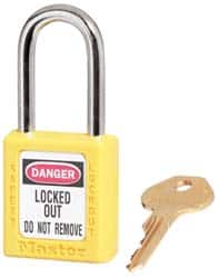Master Lock 410KAS6YLW Lockout Padlock: Keyed Alike, Key Retaining, Thermoplastic, Plated Metal Shackle, Yellow 