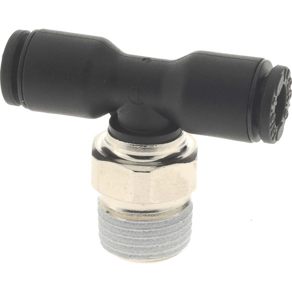 Push-to-Connect Tube x MNPT Fitting: Male Branch Tee, NPT, 5/32" OD - Nylon & Nickel-Plated Brass, 290 psi