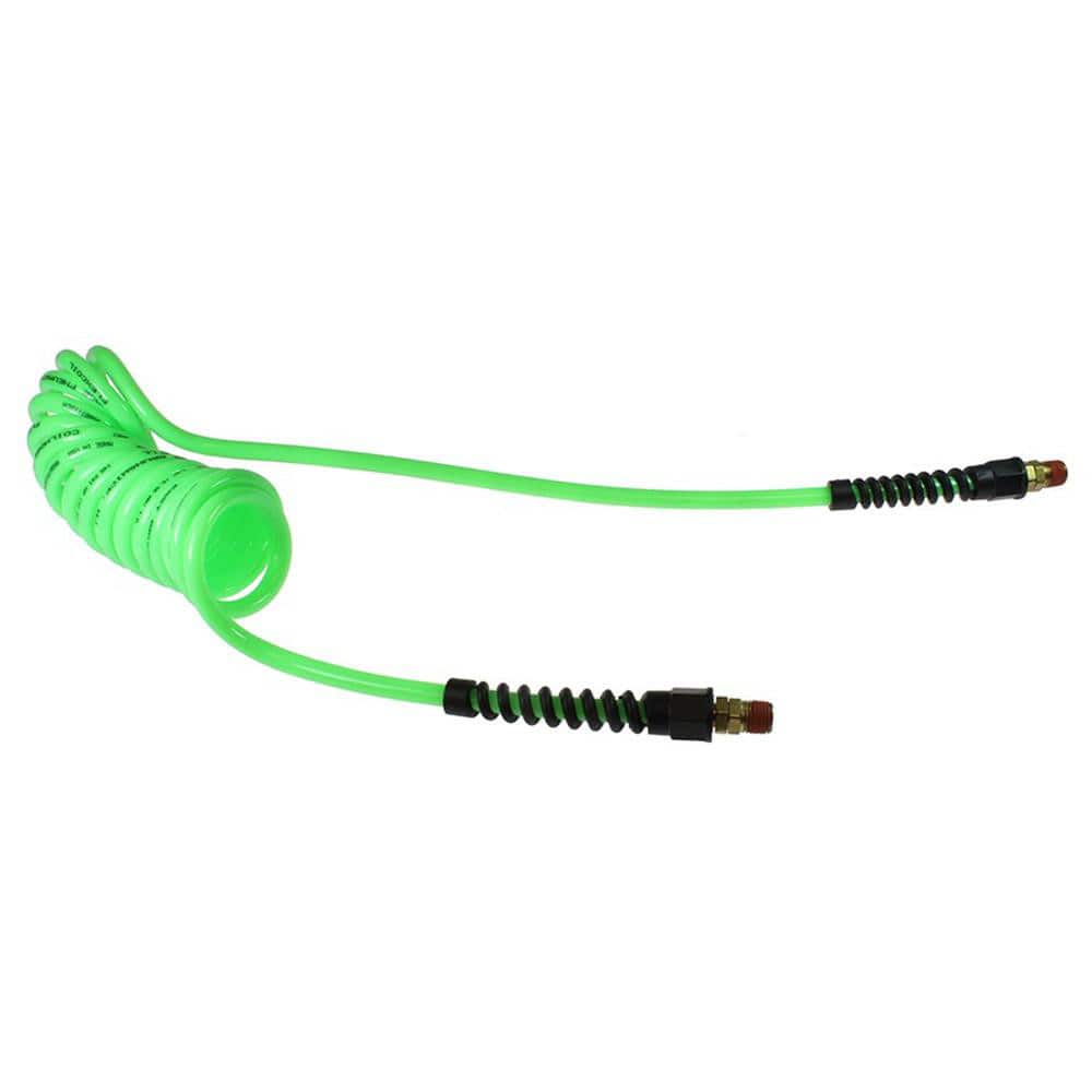 Coiled & Self Storing Hose: 1/4" ID, 10' Long, Male Swivel x Male Swivel with Strain Relief