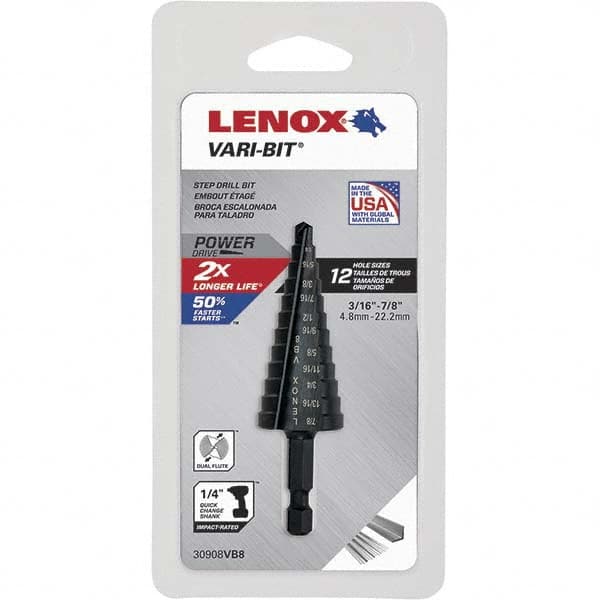 Lenox 30908VB8 Step Drill Bits: 3/16" to 7/8" Hole Dia, 3/8" Shank Dia, High Speed Steel, 12 Hole Sizes 