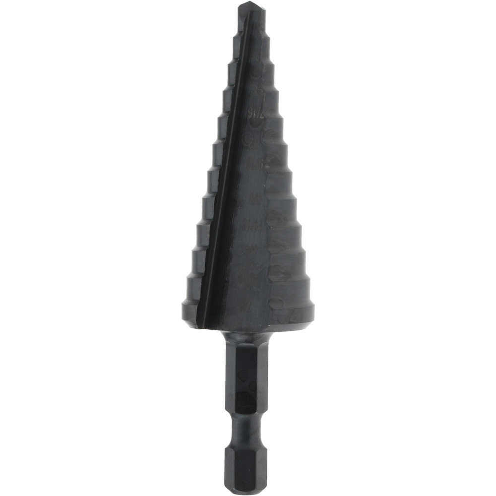 Step Drill Bit: 3/16" Min, 7/8" Max, 3/8" Shank Dia, High-Speed Steel, 12 Hole Sizes - 1/16" Step Length, Oxide Finish, Round with Flats Shank
