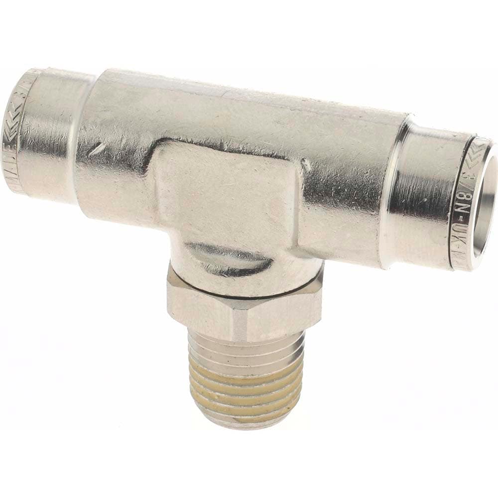 Norgren 124670628 Push-To-Connect Tube to Male & Tube to Male NPT Tube Fitting: Pneufit Swivel Male Tee, 1/4" Thread, 3/8" OD Image