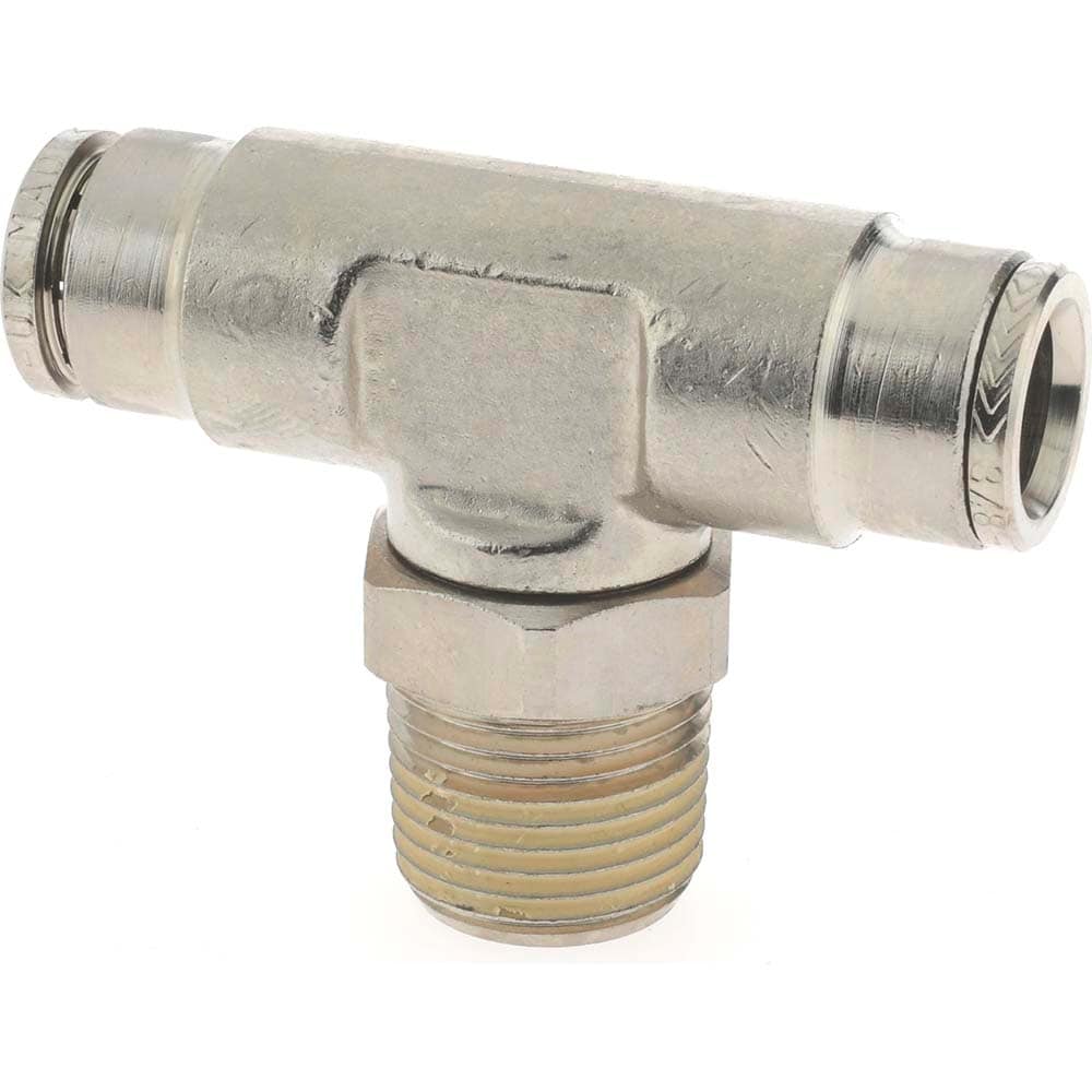 Norgren 124670638 Push-To-Connect Tube to Male & Tube to Male NPT Tube Fitting: Pneufit Swivel Male Tee, 3/8" Thread, 3/8" OD Image