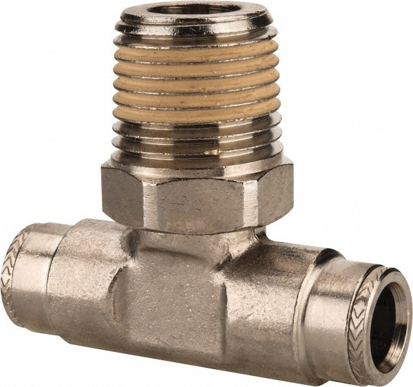 Norgren 124670648 Push-To-Connect Tube to Male & Tube to Male NPT Tube Fitting: Pneufit Swivel Male Tee, 1/2" Thread, 3/8" OD Image