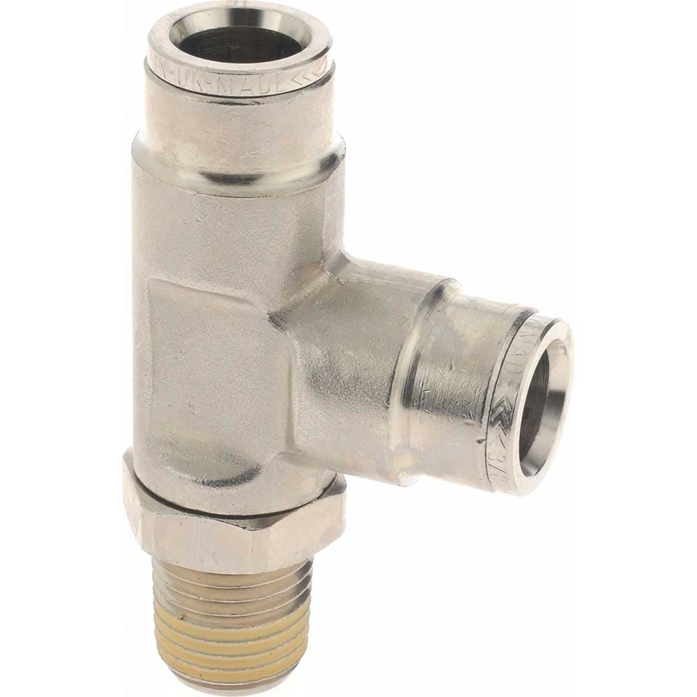 Norgren 124680628 Push-To-Connect Tube to Male & Tube to Male NPT Tube Fitting: Pneufit Swivel Male Side Tee, 1/4" Thread, 3/8" OD Image