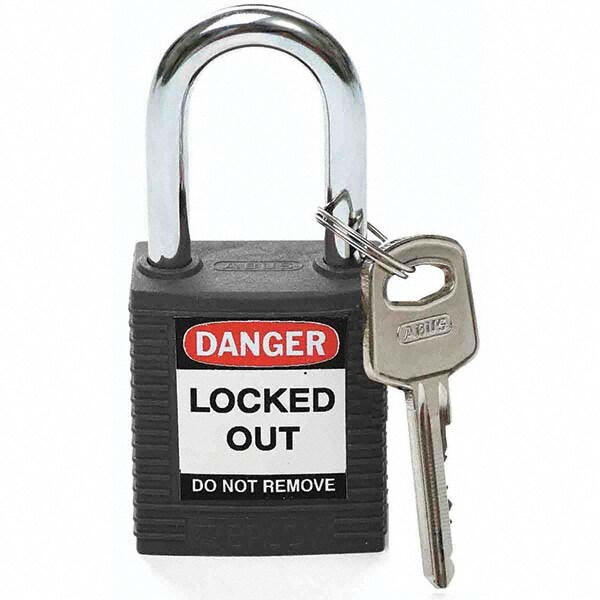 Lockout Padlock: Keyed Different, Key Retaining, Nylon, Steel Shackle, Black