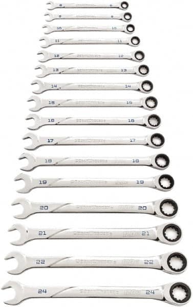 GEARWRENCH 86427 Ratcheting Combination Wrench Set: 16 Pc, 10 mm 11 mm 12 mm 13 mm 14 mm 15 mm 16 mm 17 mm 18 mm 19 mm 20 mm 21 mm 22 mm 24 mm 8 mm & 9 mm Wrench, Metric 