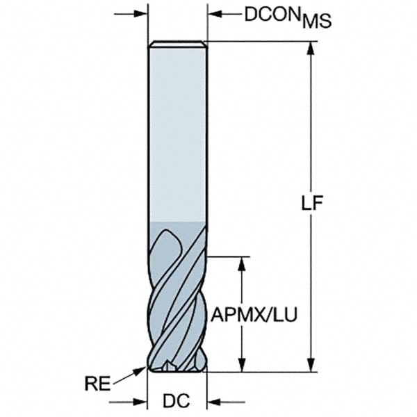Aluminum Titanium Nitride Coating 8 mm Shank Diameter 63 mm Length 8 mm Cutting Diameter SGS 40019 1MCR 4 Flute Corner Radius General Purpose End Mill 20 mm Cutting Length 1.5 mm Corner Radius