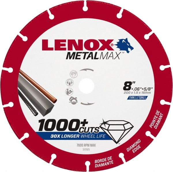 Lenox 1972925 Cut-Off Wheel: Type 1, 8" Dia, 5/8" Hole, Diamond 