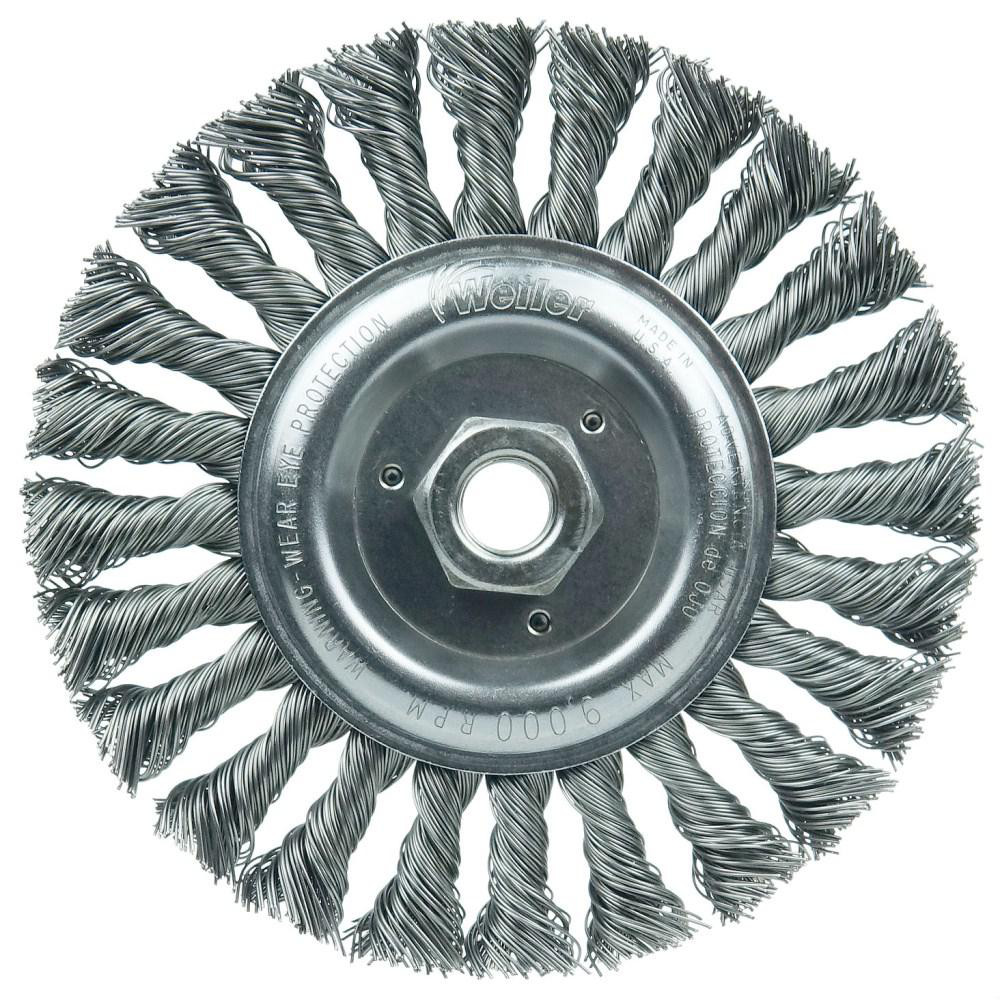 Weiler Wheel Brush: 6" Wheel Dia, 1/2" Face Width, 0.0230" Wire Dia, Knotted - 5/8" Hole, Carbon Steel, 9000 RPM | 5-Pack | Part #08106