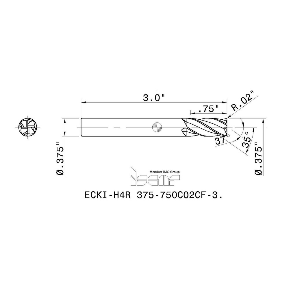 Iscar Corner Radius End Mill 3/8" Dia, 3/4" LOC, 0.0200" Radius, 4