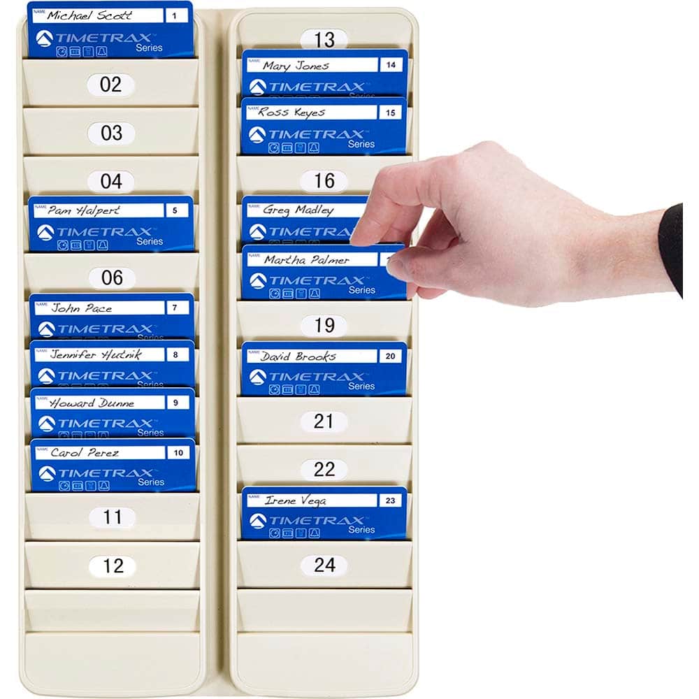 Pyramid 500-24 The Pyramid Time Systems 500-24 badge rack is perfect for organizing employee badges or swipe cards in employee entry or exit areas. Install two racks side by side for visual employee time and attendance monitoring. Includes self-adhesive number labels fo 