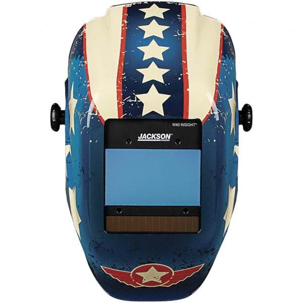 Jackson Safety 46101 Welding Helmet with Digital Controls: Blue Red & White, Nylon, Shade 9 to 13, Ratchet Adjustment 