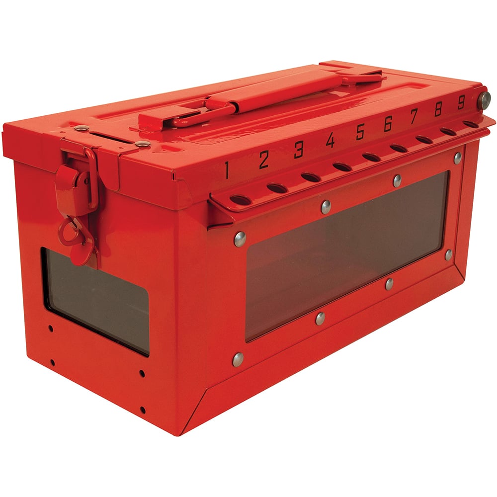 Master Lock S601 Group Lockout Boxes; Portable or Wall Mount: Portable; Maximum Number of Padlocks: 19; Color: Red; Box Material: Stainless Steel; Overall Height (Inch): 5-43/64; Overall Width (Inch): 6-27/64; Overall Depth (Inch): 12; Special Features: Storage & Simplifi 