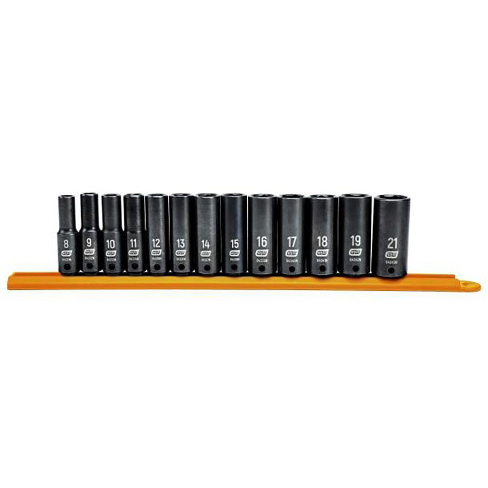 Socket Set: Deep Impact, 13 Pc, 3/8" Drive, 8.00 to 21.00 mm - 6 Point