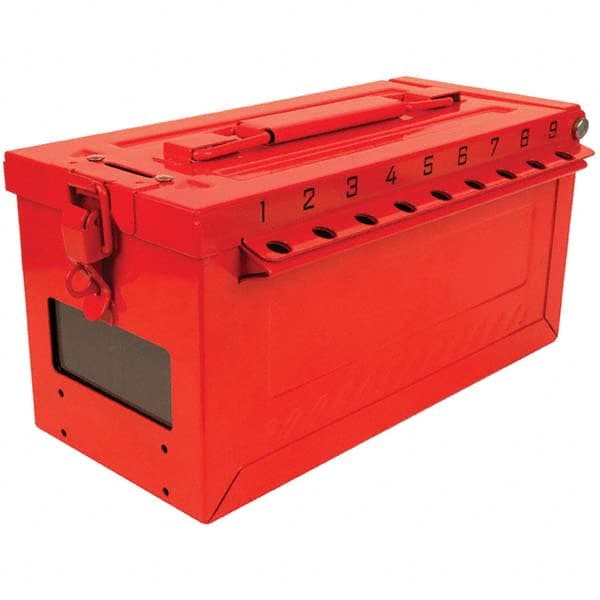 Master Lock S600 Group Lockout Boxes; Portable or Wall Mount: Portable; Maximum Number of Padlocks: 19; Color: Red; Box Material: Stainless Steel; Overall Height (Inch): 5-43/64; Overall Width (Inch): 6-27/64; Overall Depth (Inch): 12; Special Features: Storage & Simplifi 