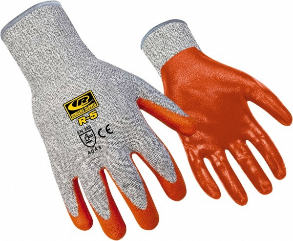 Gloves: Ringers R045, Cut A3, Abrasion 3, 13 ga, Size Large, 9-1/2" Long - HPPE, Nitrile-Coated, Palm & Fingertips Coating, Smooth Grip, Gray<multisep/>Orange Pair