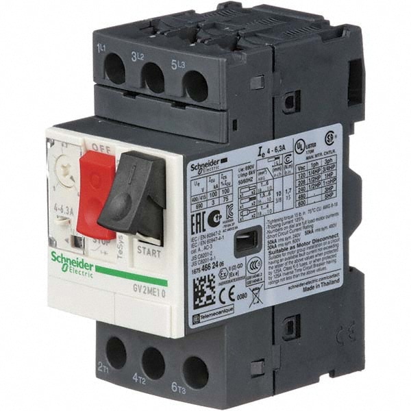 Schneider Electric GV2ME10 6.30 Amp, 690 VAC at 50/60 Hz, 3 Pole, Bolt On, Clip Motor Circuit Breaker Image