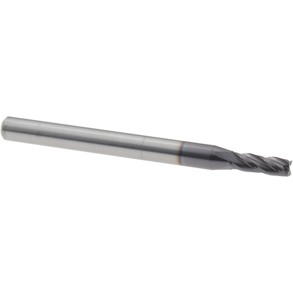 Square End Mill: 3/32" Dia, 4 Flute, Solid Carbide - 1-1/2" OAL, 1/8" Shank Dia, 30 deg Helix, AlTiN Finish, Single End, Series Miniature End Mills - Square - Stub & Standard